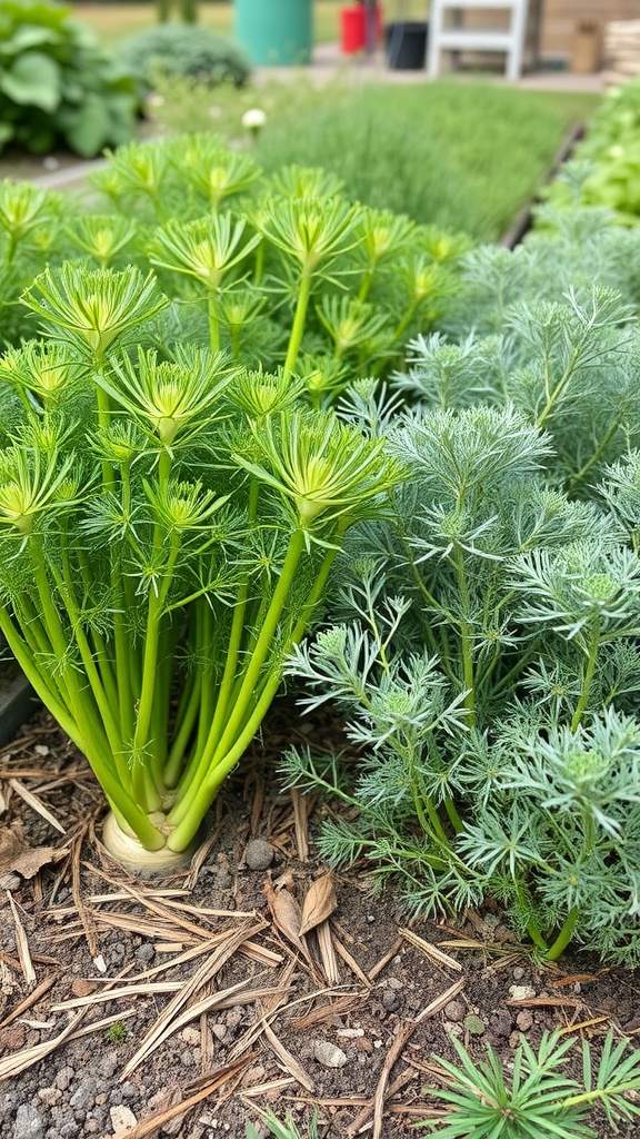 Fennel and dill plants growing closely together in a garden.