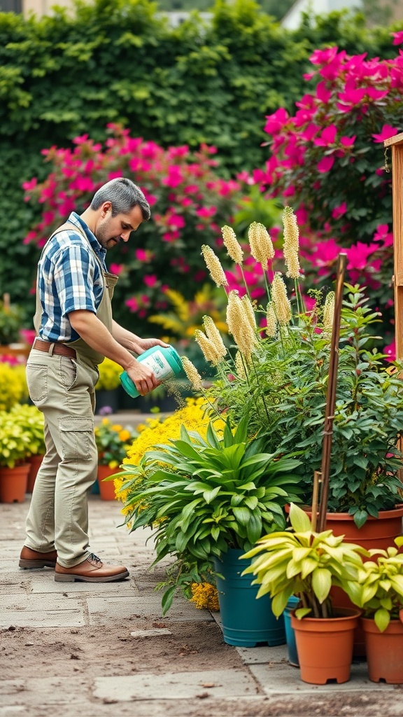 A man fertilizing green house plants in colorful pots, surrounded by vibrant flowers.