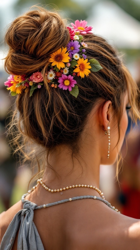 A woman with a half up half down bun adorned with colorful flowers, wearing pearl jewelry.