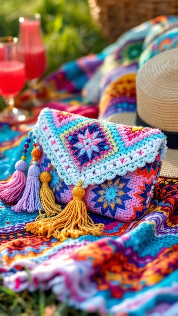 Colorful crochet clutch with tassels on a vibrant patterned blanket