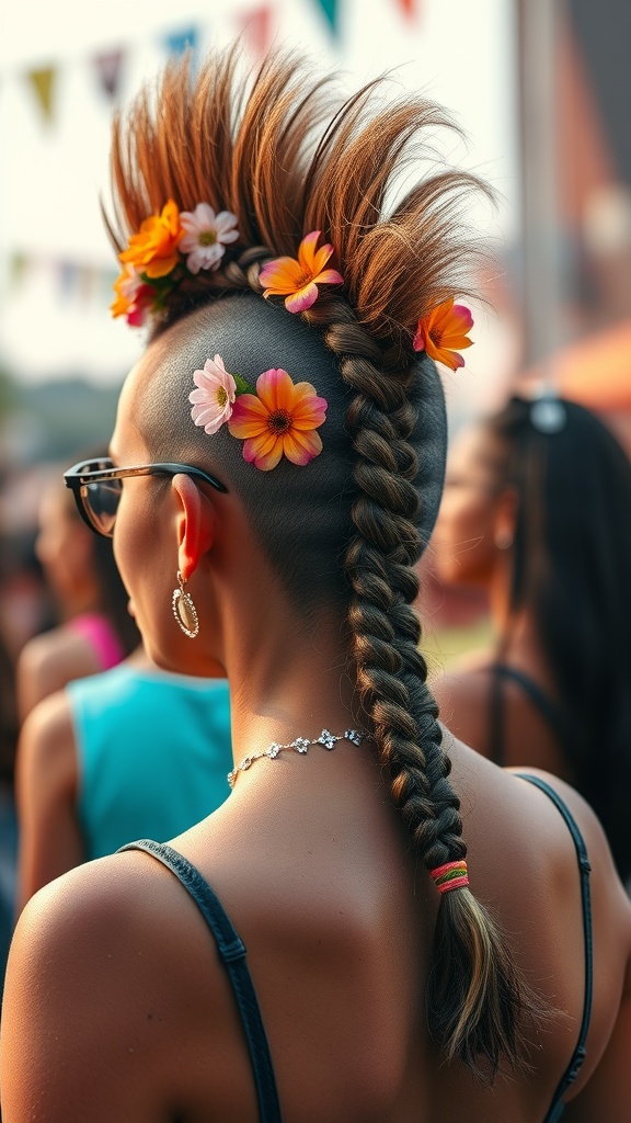 A woman with a braided mohawk hairstyle adorned with flowers, wearing sunglasses and a tank top, at a festival.