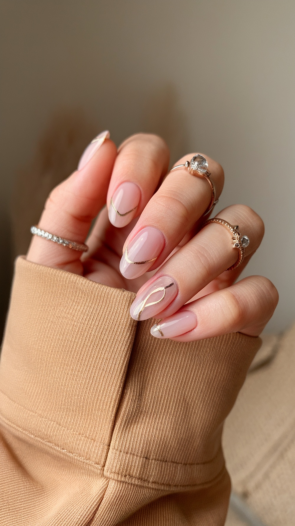 Close-up of elegantly designed nails with a soft pink base and gold accents, complemented by delicate rings.