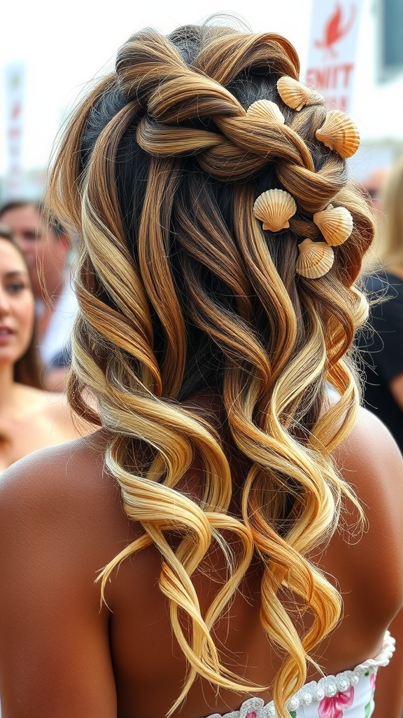 A hairstyle featuring loose waves and seashell accessories, showcasing a casual festival look.