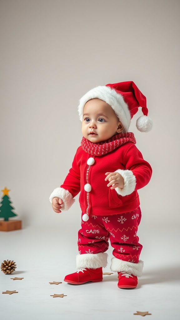 A baby in festive red attire with a Santa hat, standing and looking curious, surrounded by holiday decorations.