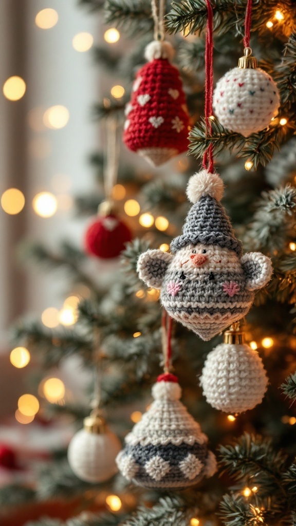 Crochet holiday ornaments hanging from a Christmas tree.