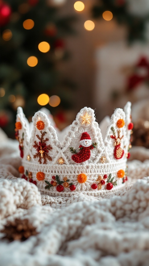 A festive crochet crown with holiday decorations including Santa, stockings, and colorful embellishments.