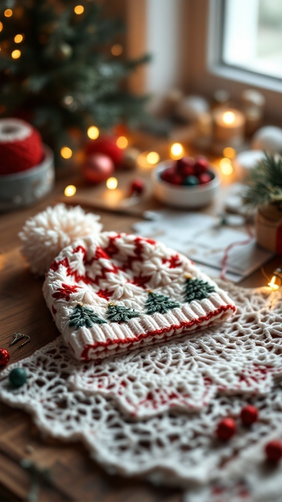 A festive crochet baby hat with red and white colors, featuring green trees and a fluffy pom-pom, placed on a decorative white lace and surrounded by holiday decorations.