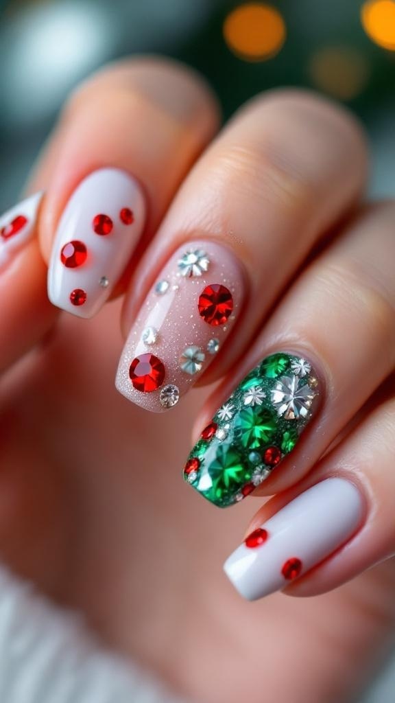 Festive holiday nail design with rhinestones in red and green on a silver background.