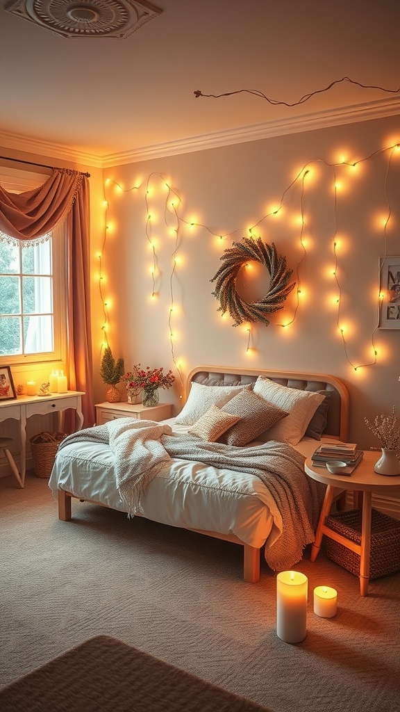 A cozy bedroom decorated with warm string lights, candles, and a wreath, creating a festive atmosphere.