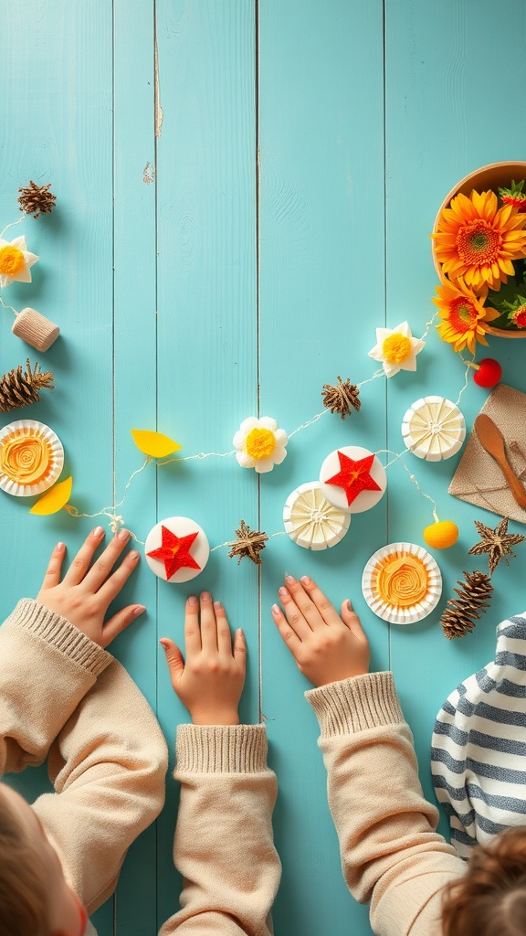 Colorful paper plate garland with flowers and pinecones on a blue background