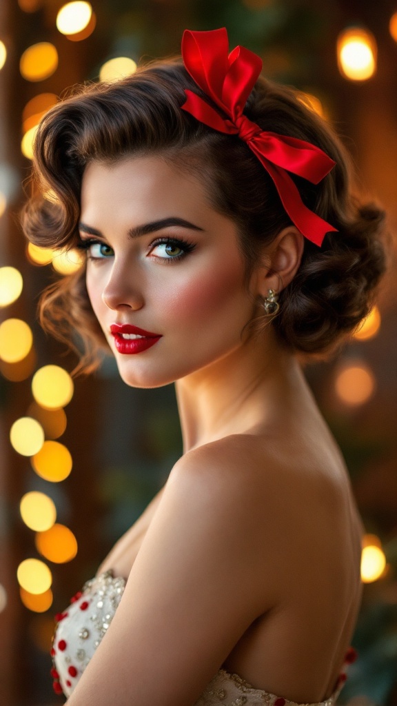 A woman with festive pin-up waves and a red bow in her hair, looking glamorous against a backdrop of soft lights.