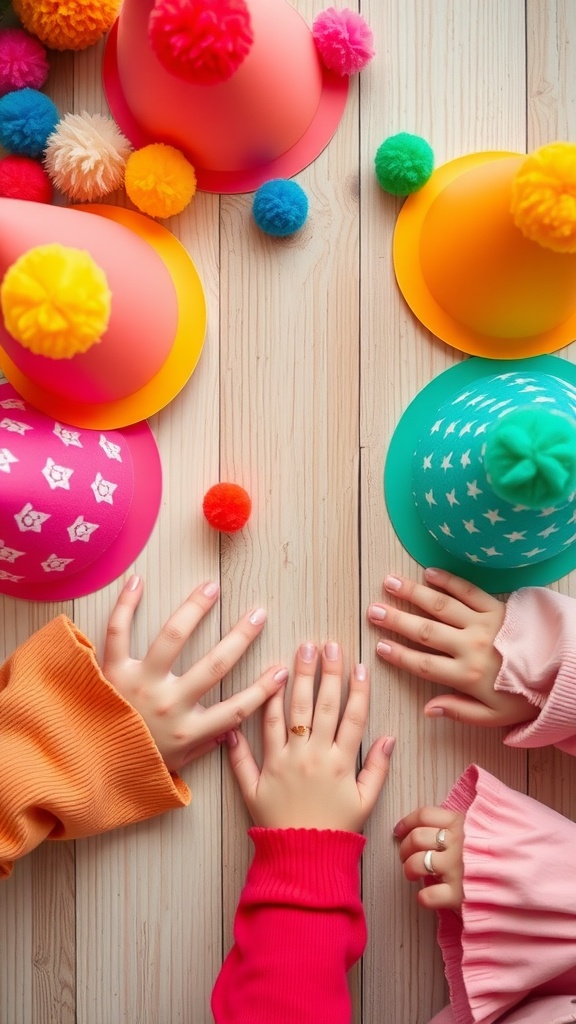 Colorful party hats with pom poms and children's hands reaching out.