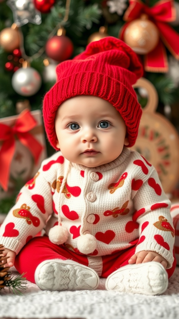 A baby wearing a red knitted hat and a cozy sweater with gingerbread designs, sitting in front of a festive background with Christmas decorations.