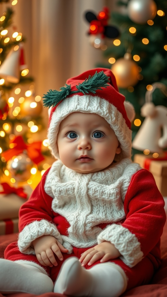 A baby in a Santa outfit with a festive background of a decorated Christmas tree and lights.