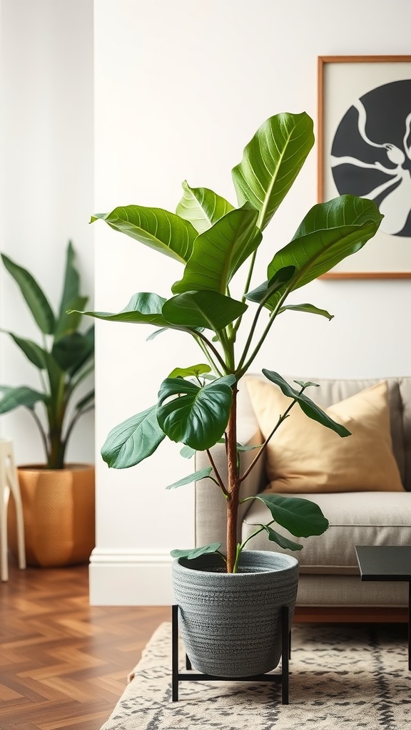 A Fiddle Leaf Fig in a modern living room setting with stylish furnishings.