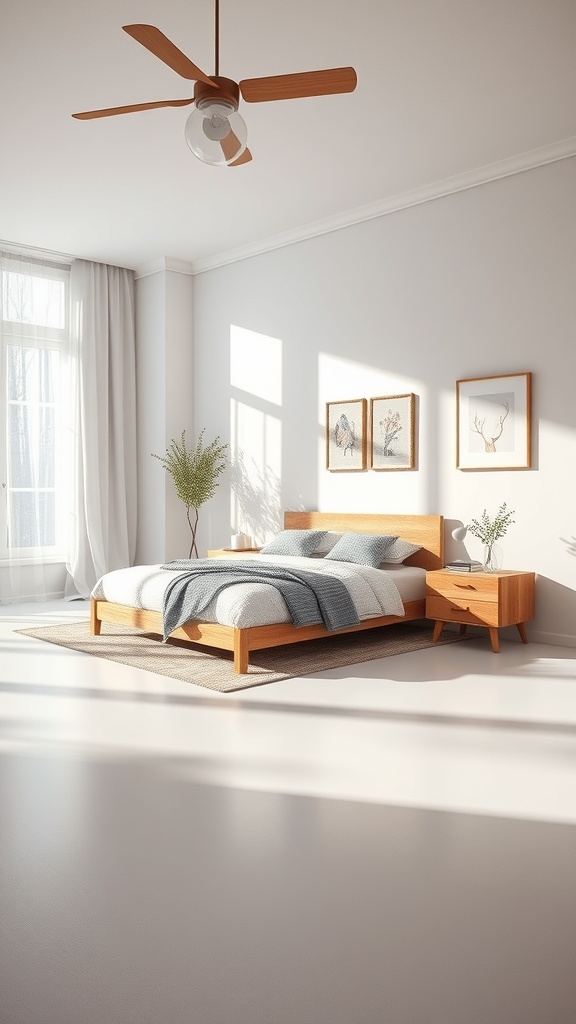 A bright and airy bedroom with a wooden bed, light-colored bedding, and natural light coming through the windows.