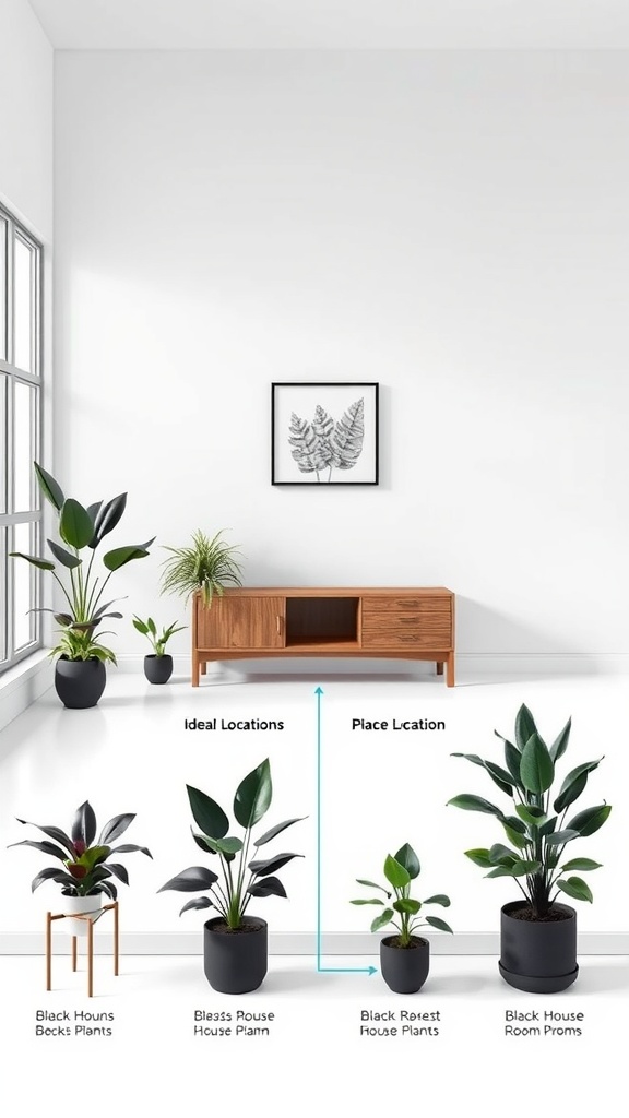 A bright room featuring various black house plants, showcasing their ideal locations.