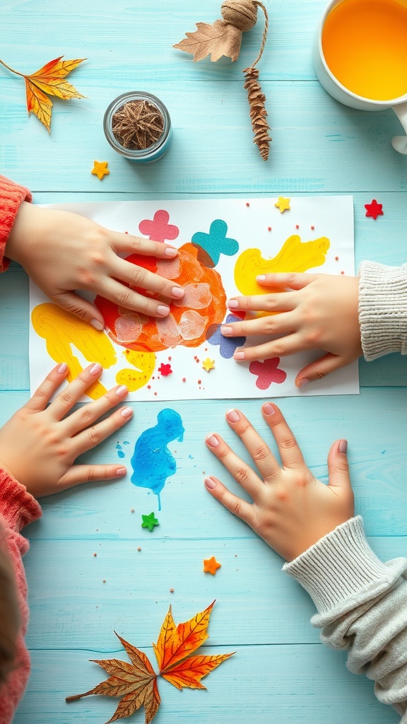 Children engaged in finger painting with colorful paints and autumn leaves on a blue table.