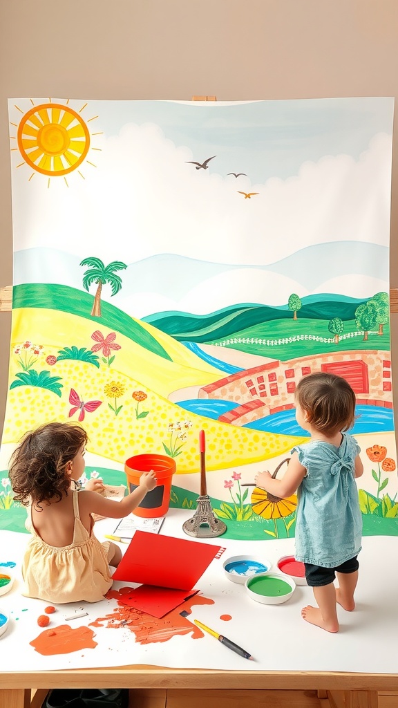 Two toddlers finger painting a colorful summer scene on a large canvas.
