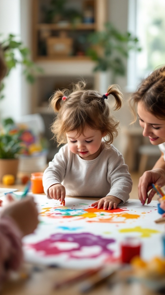 A toddler engaged in finger painting with bright colors, expressing creativity.
