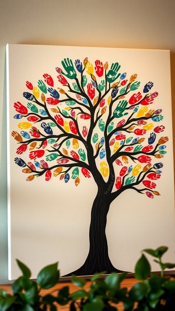Colorful fingerprint tree art created with handprints on a canvas.