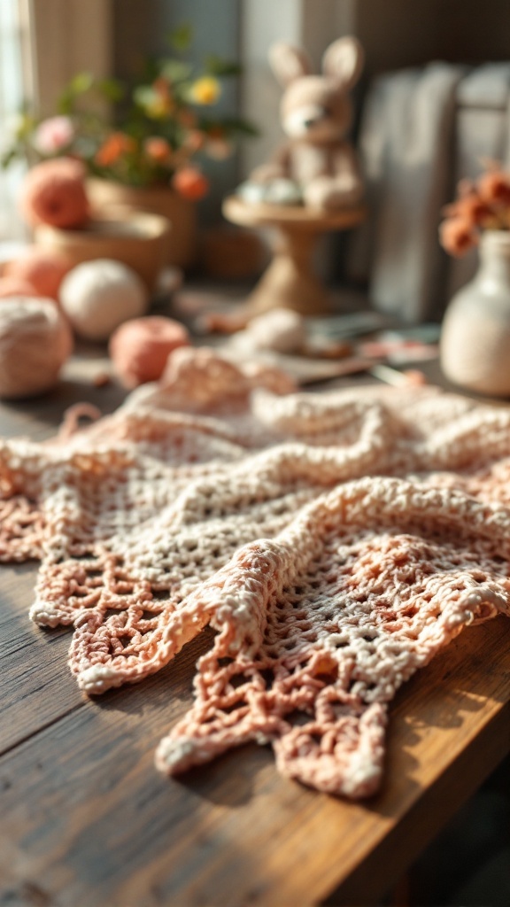 A crochet baby blanket laid out on a wooden table with soft colors and a delicate pattern.