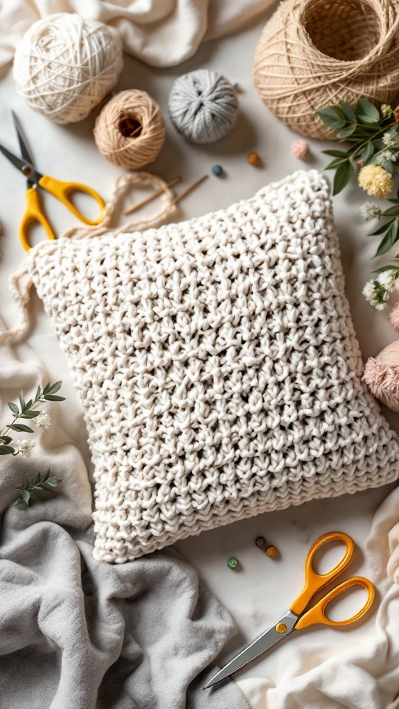Crochet pillow cover with yarn and scissors