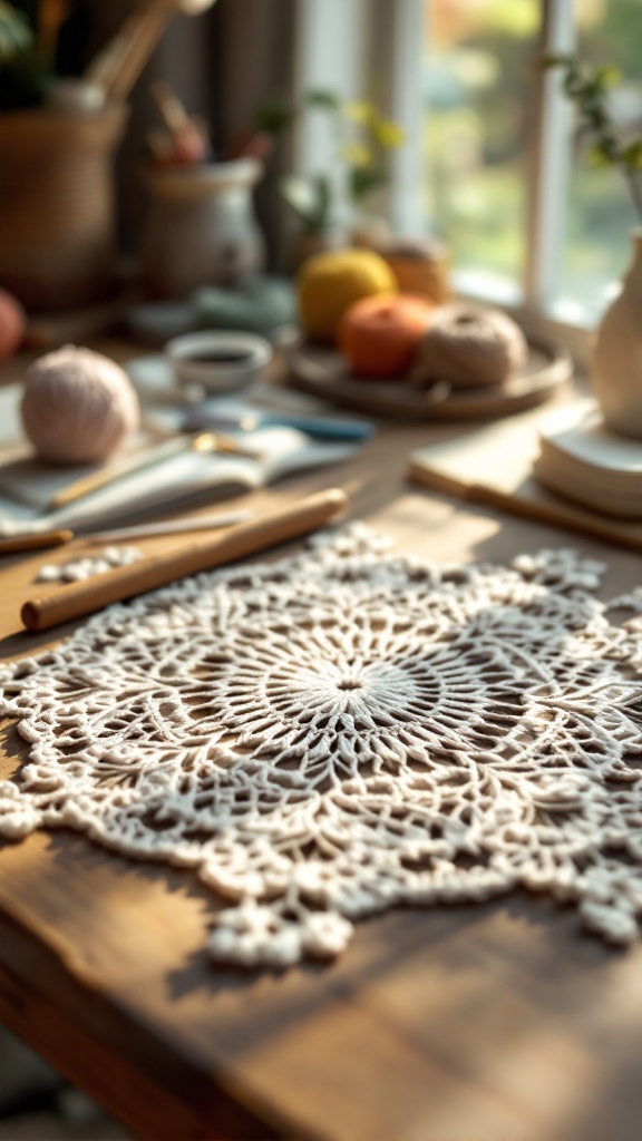 A crochet doily on a wooden table with colorful yarn and crochet tools in a cozy setting.