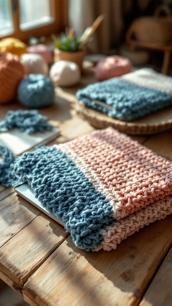 A crochet laptop sleeve in soft yarns, featuring a mix of colors, placed on a wooden table with additional yarn balls in the background.