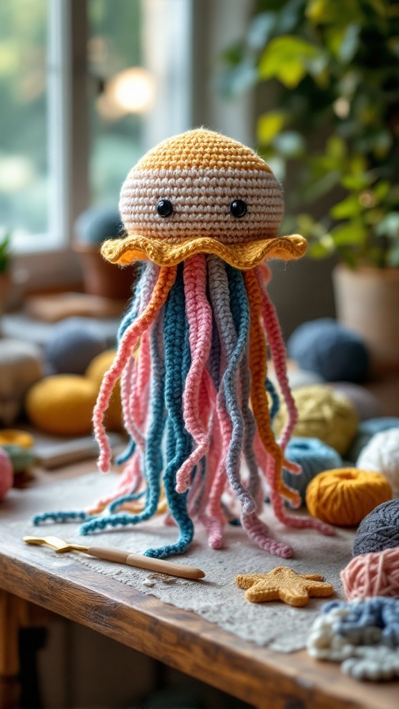 A colorful crochet jellyfish with tentacles made of various yarn colors, sitting on a table surrounded by other yarn and crochet supplies.