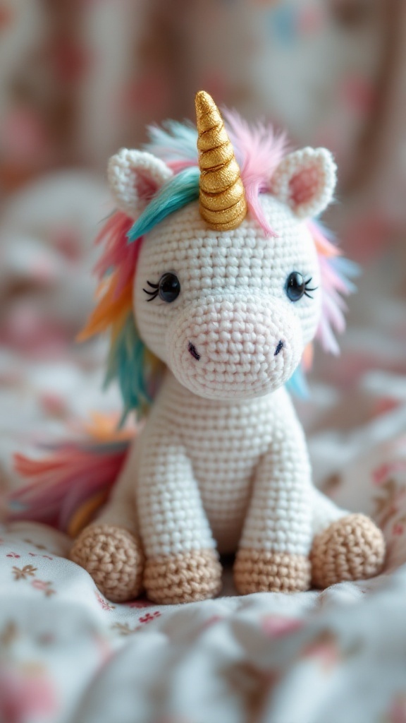 A cute crochet unicorn with a golden horn and colorful mane, sitting on a floral blanket.