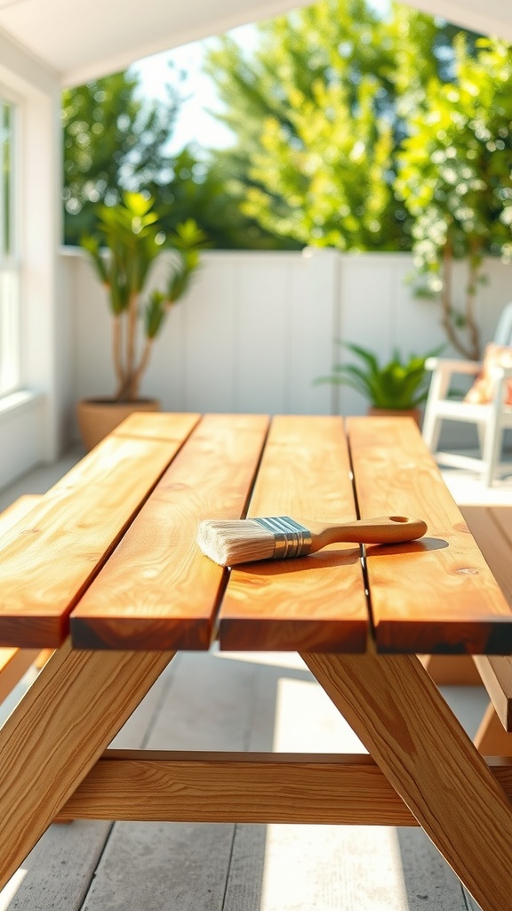 A low picnic table with a brush on top, ready for sanding and staining.
