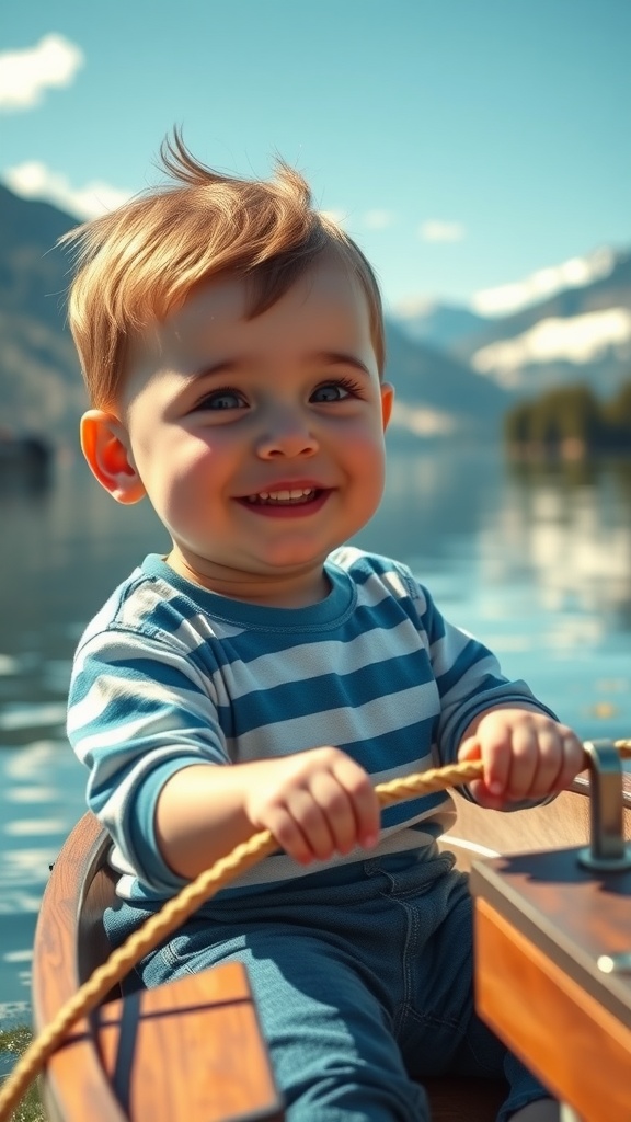 A happy young boy named Finn sitting in a small boat by a lake, enjoying a sunny day