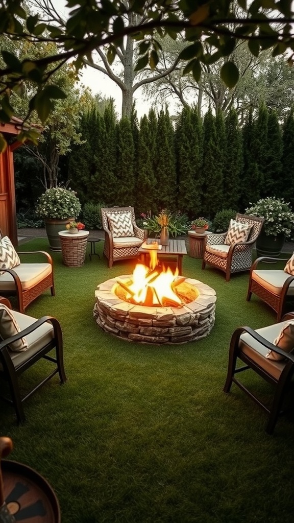 A cozy fire pit area surrounded by lush green turf and comfortable seating, creating a welcoming outdoor space.