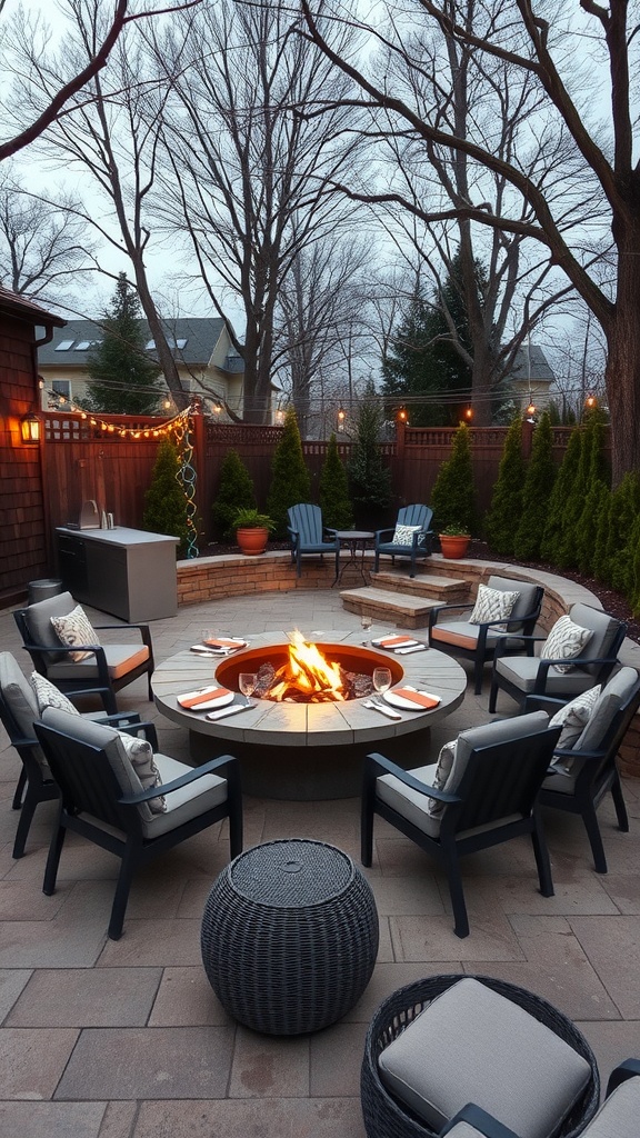 Fire pit dining area with circular seating and cozy atmosphere