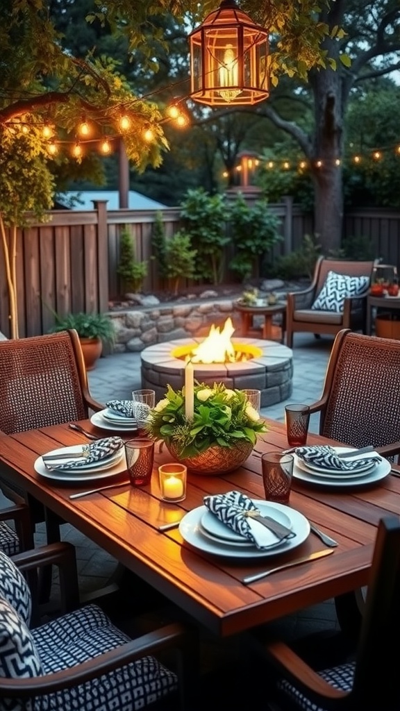 A beautifully set dining table near a fire pit, illuminated by lanterns and string lights.