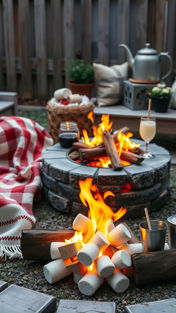 A cozy fire pit setup with logs, marshmallows, a blanket, drinks, and plants for a warm evening.
