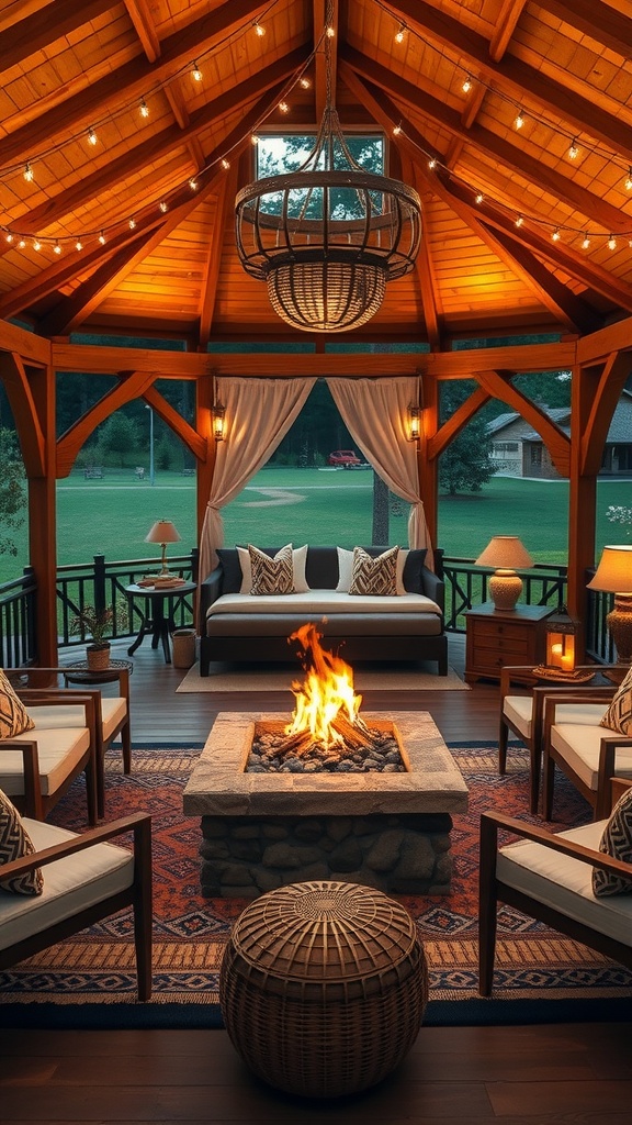 Cozy gazebo with a fire pit, comfortable seating, and warm lighting