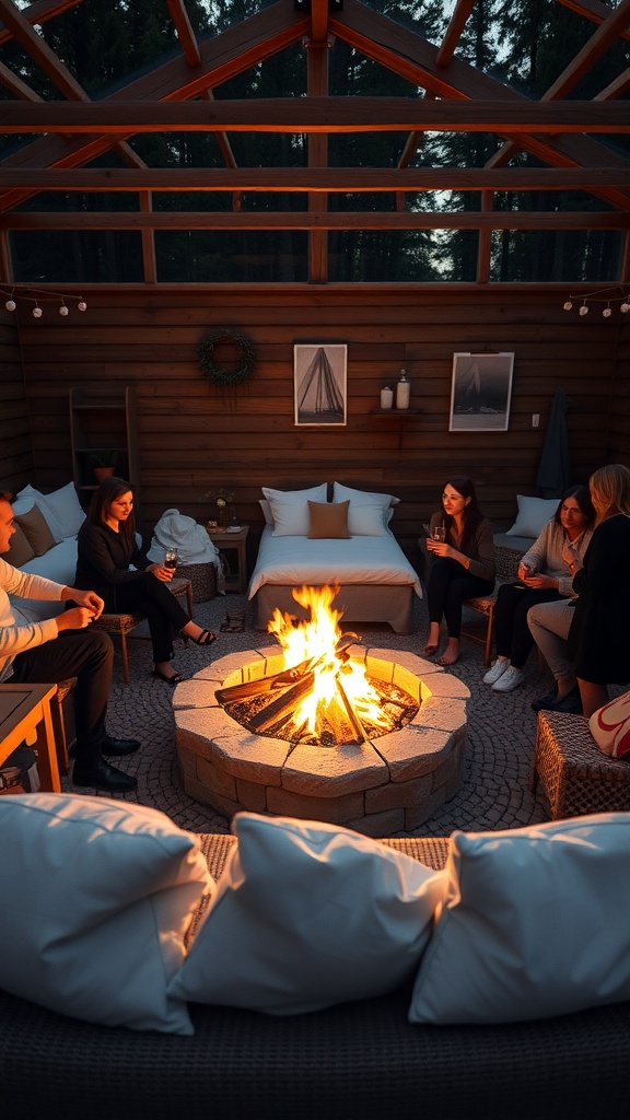 A cozy gathering around a fire pit with friends, featuring comfortable seating and a warm fire.