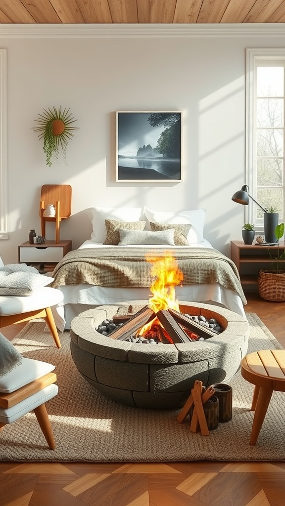 A cozy indoor fire pit surrounded by comfortable seating, creating a warm atmosphere.