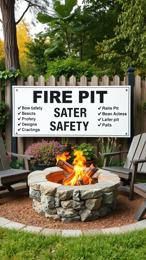 Fire pit safety sign displayed near a stone fire pit surrounded by outdoor chairs and lush greenery
