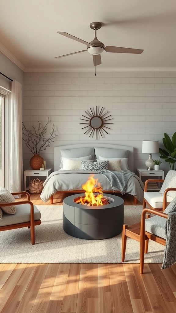 A cozy indoor fire pit setup with chairs and a warm fire.