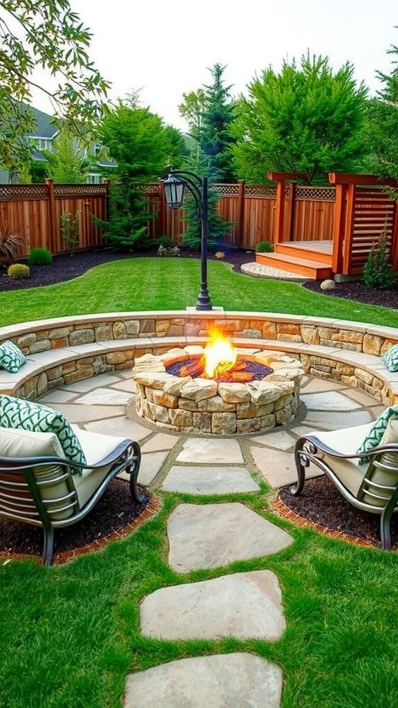 A backyard fire pit surrounded by stone seating and green grass, with decorative cushions.