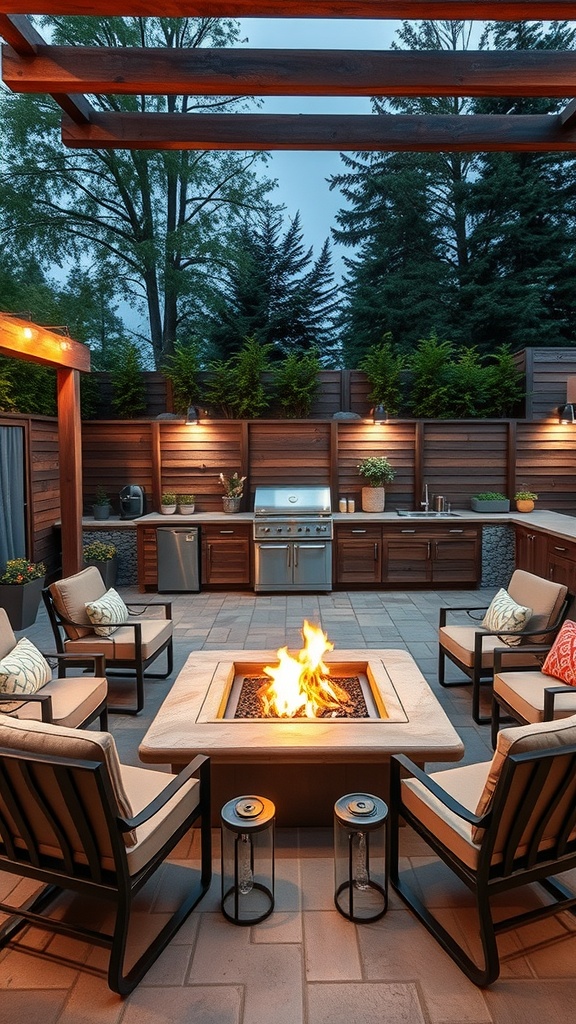 An outdoor kitchen featuring a fire pit surrounded by comfortable seating, creating a cozy gathering space.