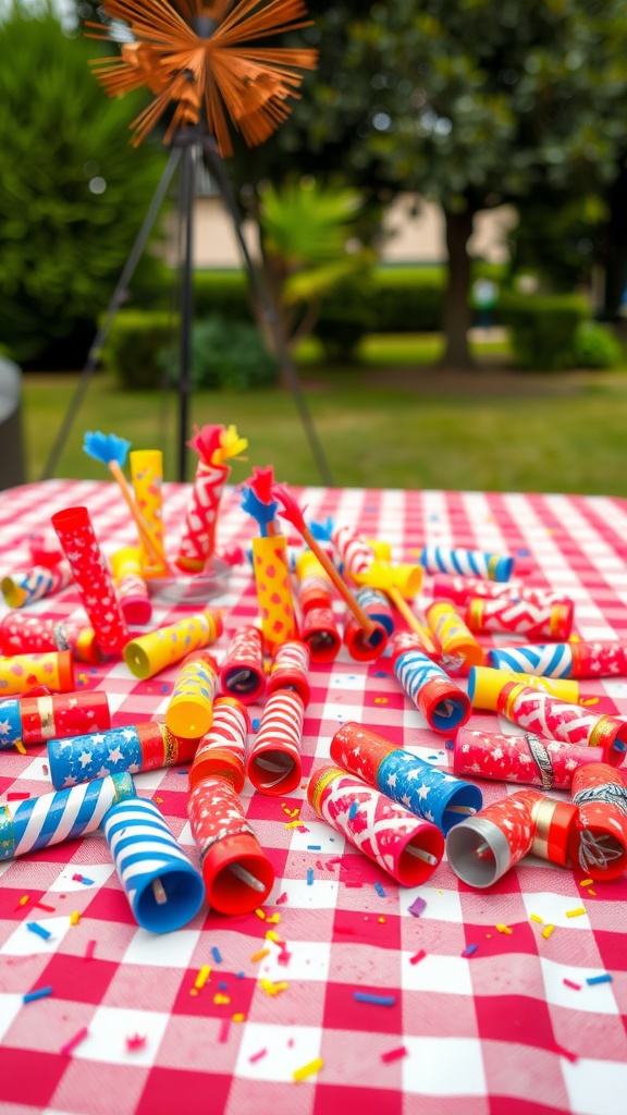 Colorful party poppers scattered on a red and white checkered tablecloth with a festive outdoor background.
