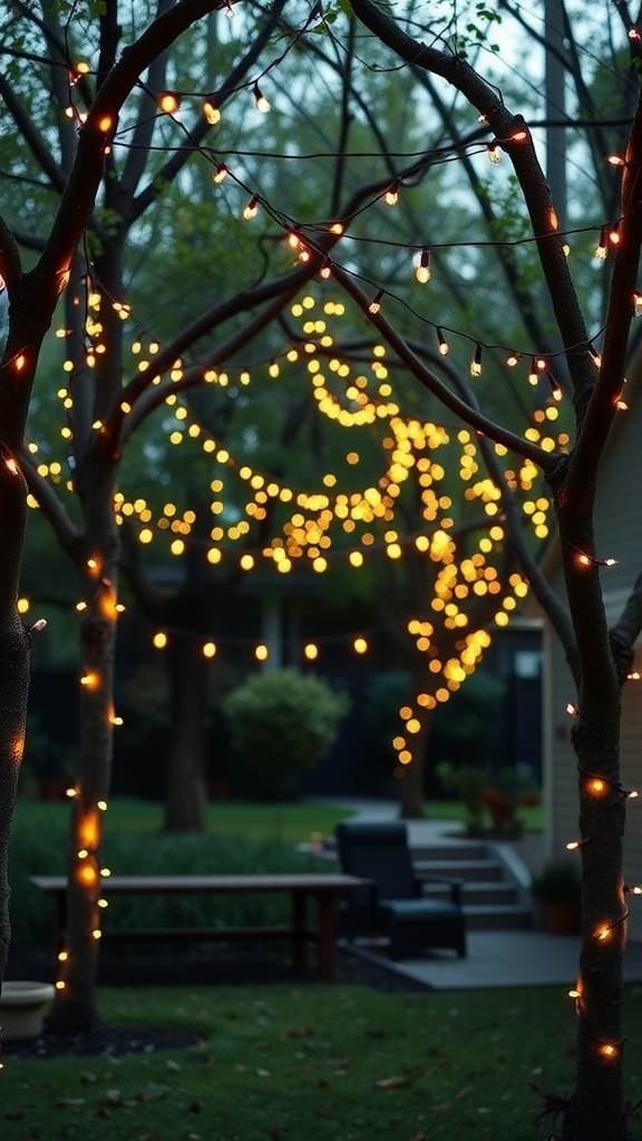 Backyard with LED string lights hanging in trees, creating a warm glow.