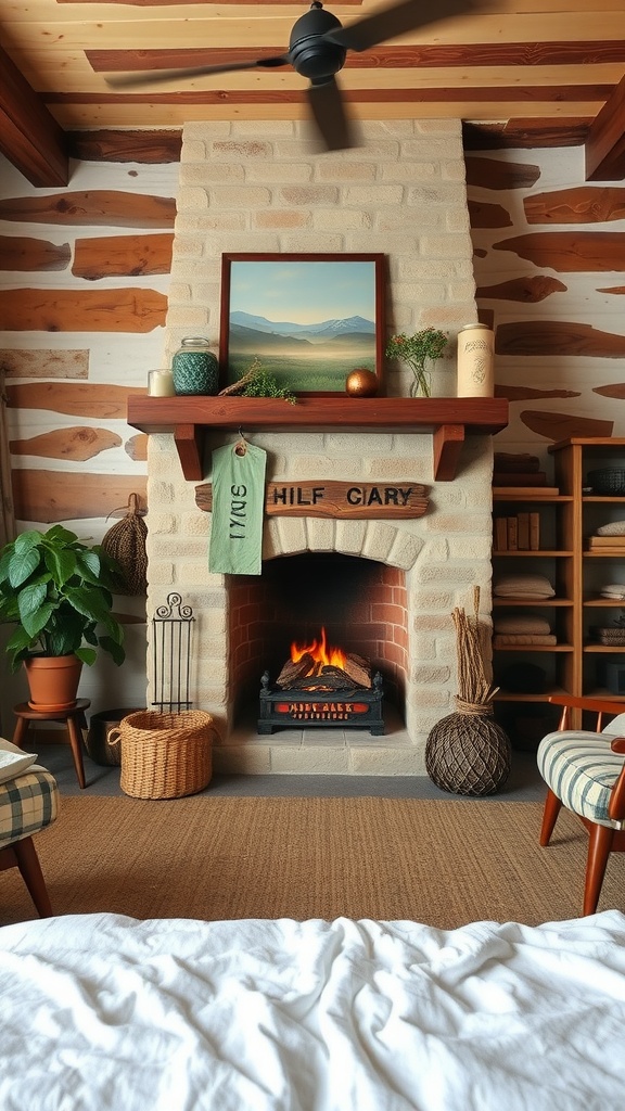 Rustic bedroom featuring a brick fireplace as the focal point, decorated with plants and art.