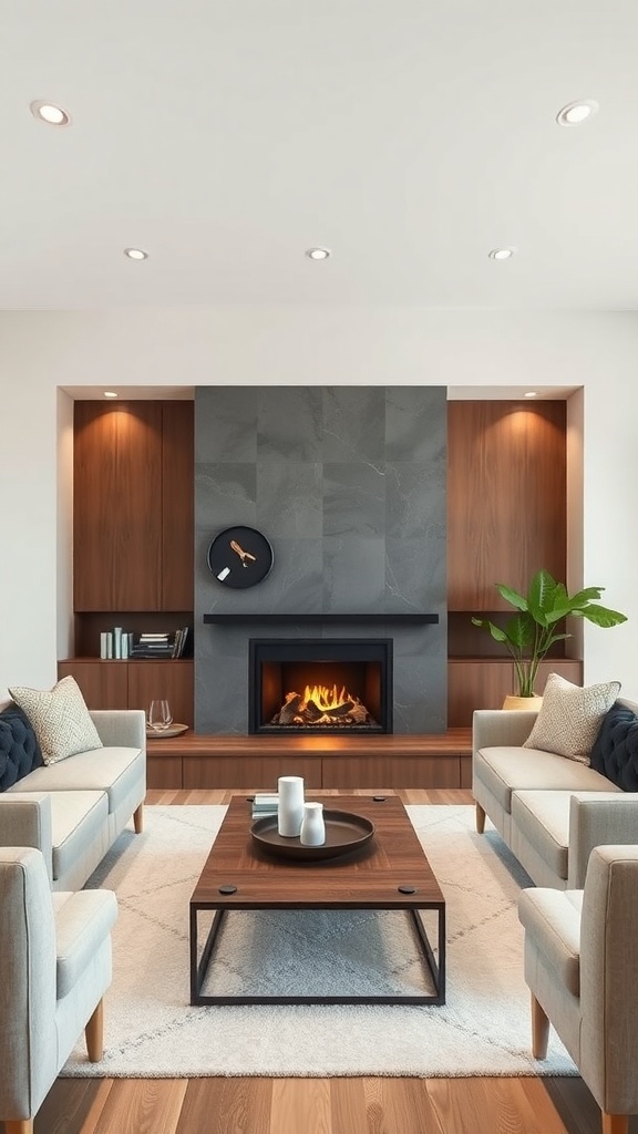Modern living room with a sleek fireplace, comfortable sofas, and a cozy atmosphere.