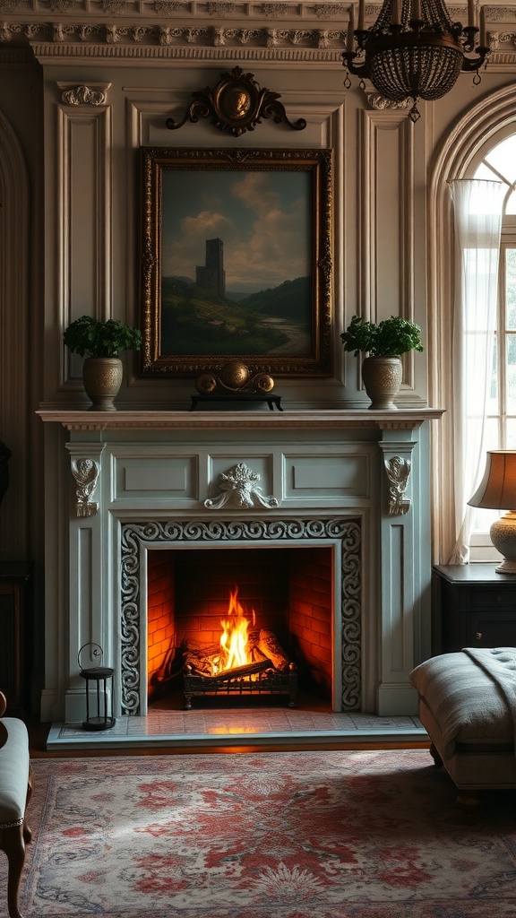 A cozy mansion bedroom featuring an elegant fireplace with a warm fire, surrounded by decorative elements and soft lighting.