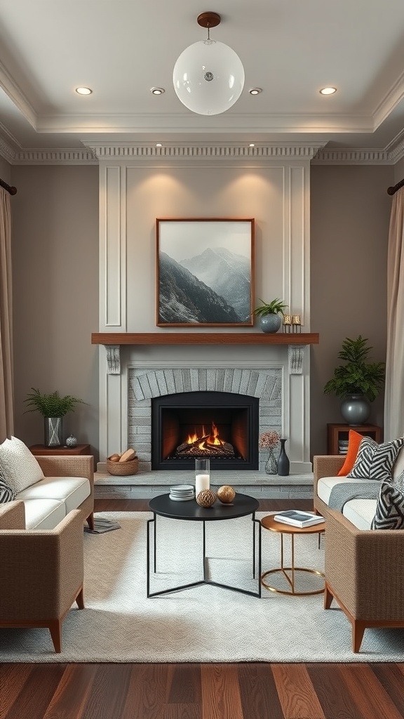 Cozy living room with a fireplace, comfortable seating, and warm lighting.